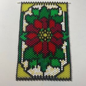 Beaded Floral Wall Hanging Tapestry Boho Folk Art Decor 10x15